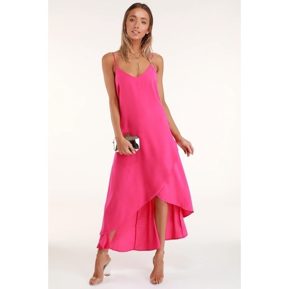 LULU’S Sweet Surprise Pink Barbiecore High Low Midi Maxi Dress Medium